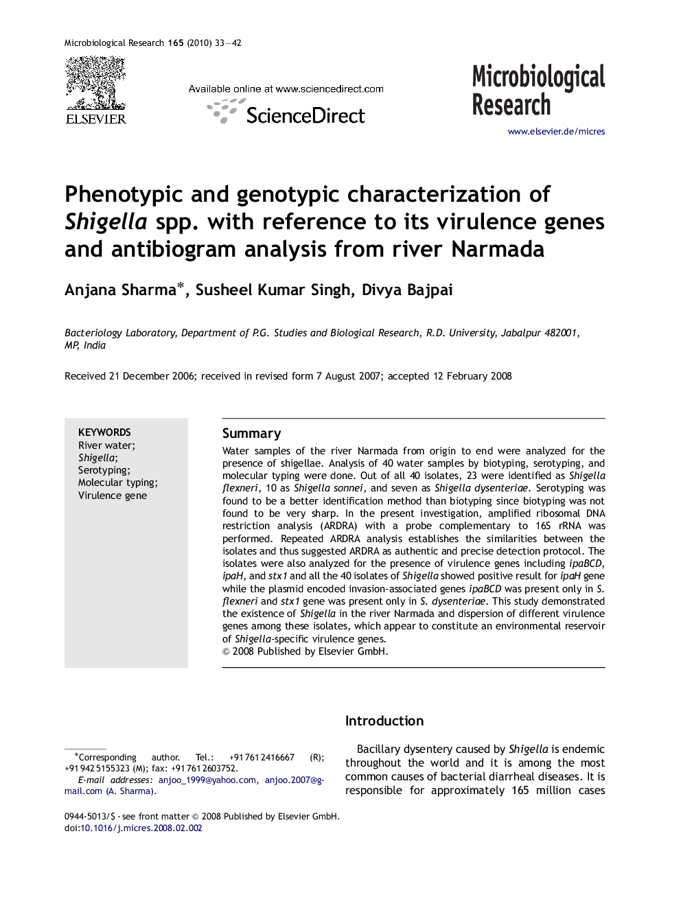 Phenotypic and genotypic characterization of Shigella spp. with reference to its virulence genes and antibiogram analysis from river Narmada