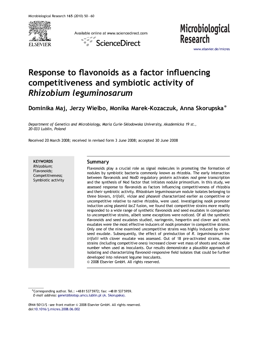 Response to flavonoids as a factor influencing competitiveness and symbiotic activity of Rhizobium leguminosarum