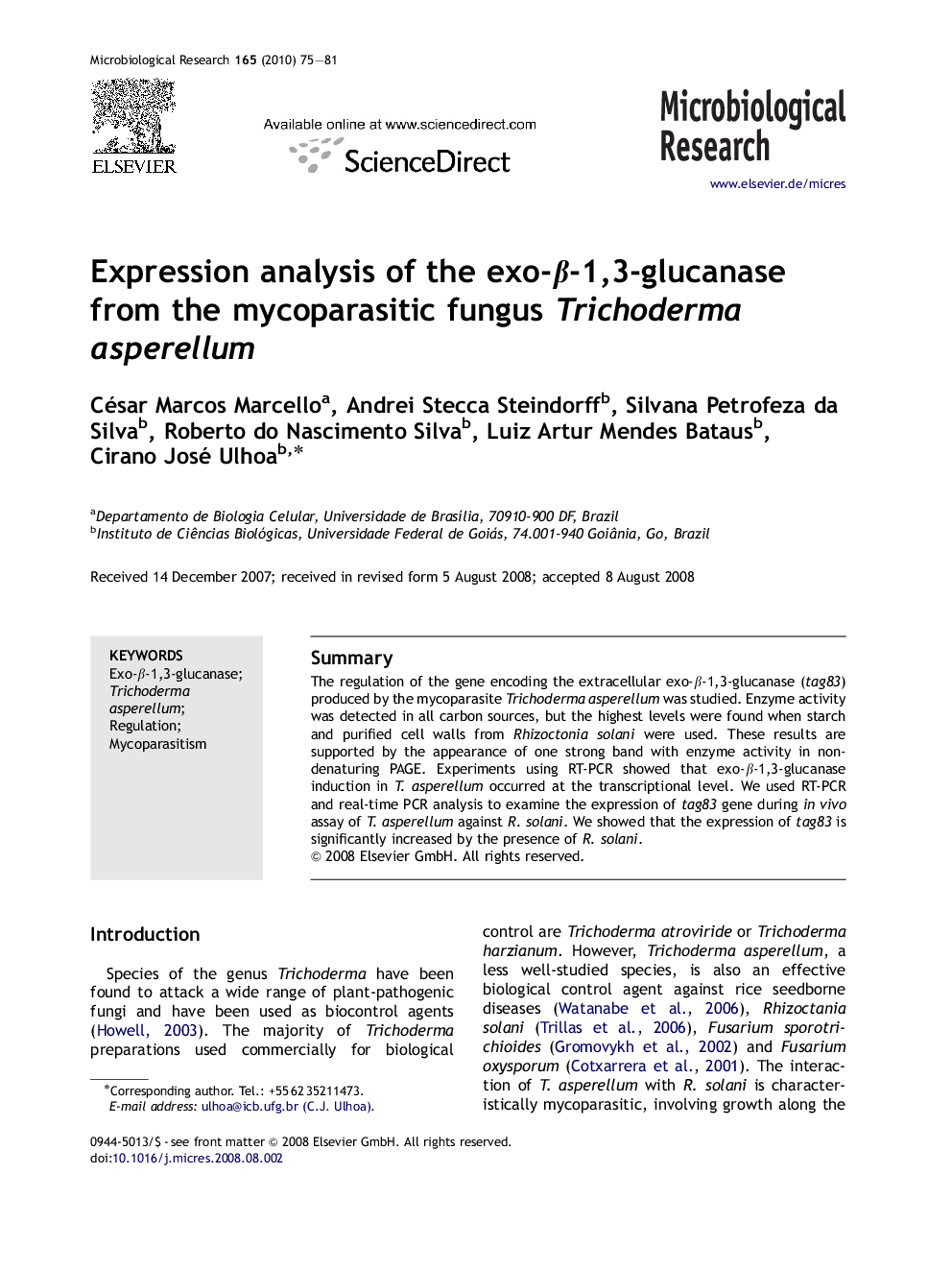 Expression analysis of the exo-β-1,3-glucanase from the mycoparasitic fungus Trichoderma asperellum