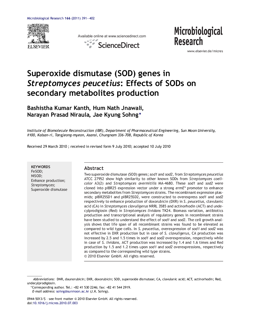 Superoxide dismutase (SOD) genes in Streptomyces peucetius: Effects of SODs on secondary metabolites production