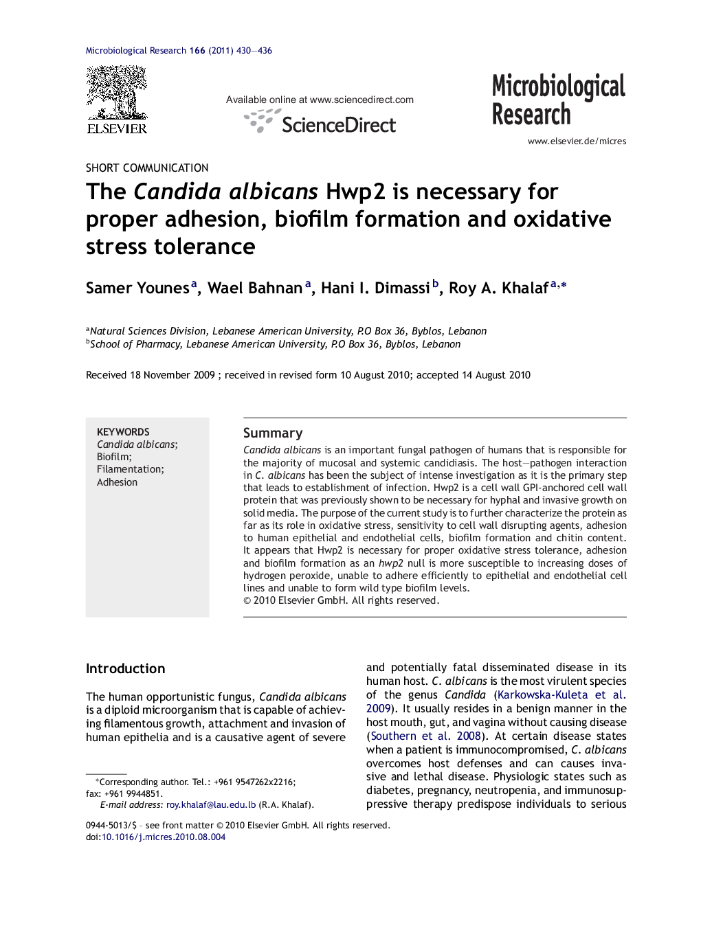 The Candida albicans Hwp2 is necessary for proper adhesion, biofilm formation and oxidative stress tolerance