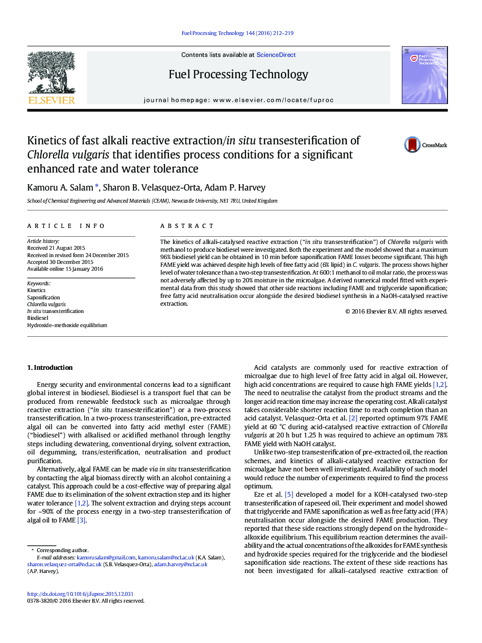 Kinetics of fast alkali reactive extraction/in situ transesterification of Chlorella vulgaris that identifies process conditions for a significant enhanced rate and water tolerance