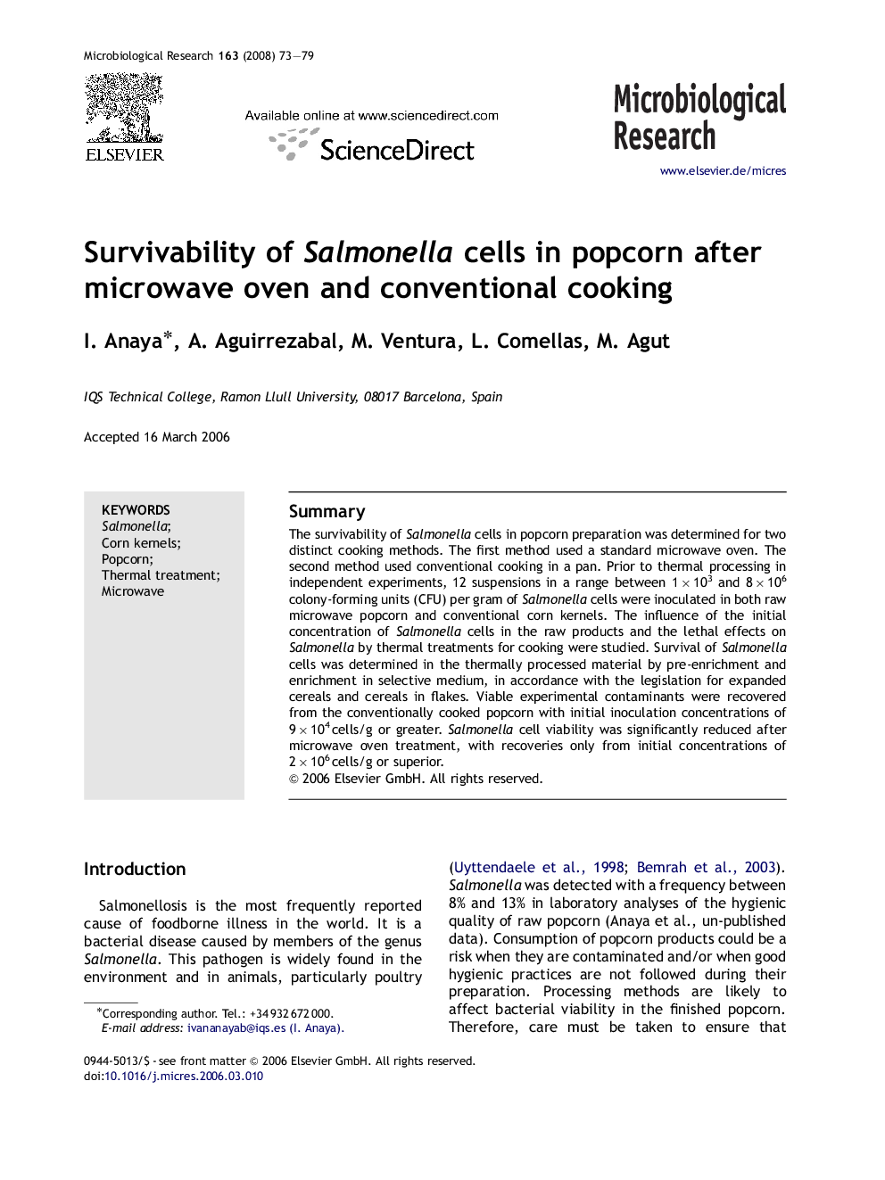 Survivability of Salmonella cells in popcorn after microwave oven and conventional cooking