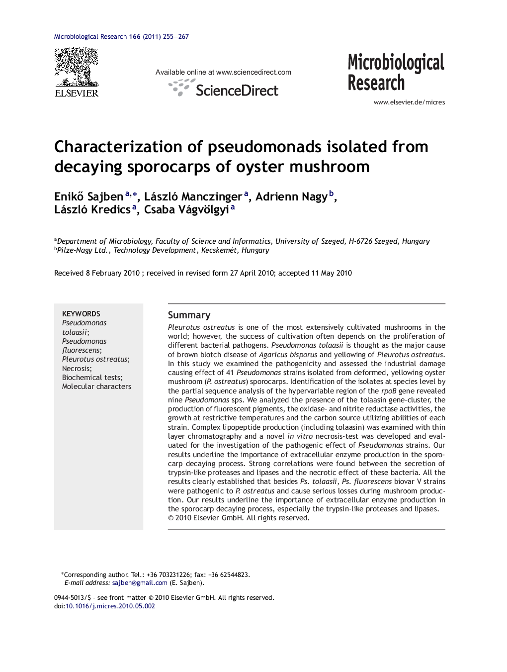 Characterization of pseudomonads isolated from decaying sporocarps of oyster mushroom