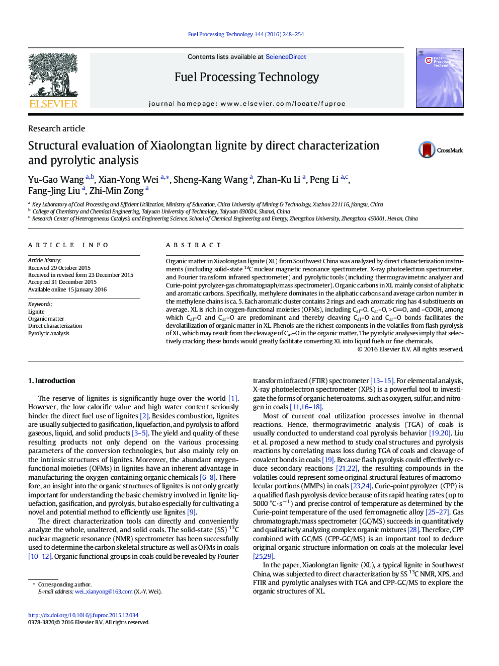 Structural evaluation of Xiaolongtan lignite by direct characterization and pyrolytic analysis