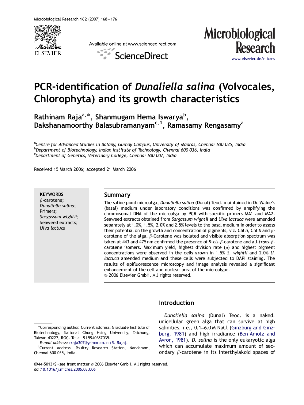 PCR-identification of Dunaliella salina (Volvocales, Chlorophyta) and its growth characteristics