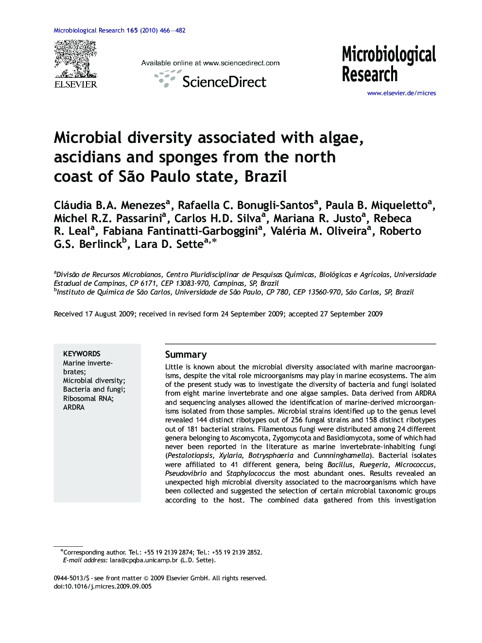 Microbial diversity associated with algae, ascidians and sponges from the north coast of São Paulo state, Brazil