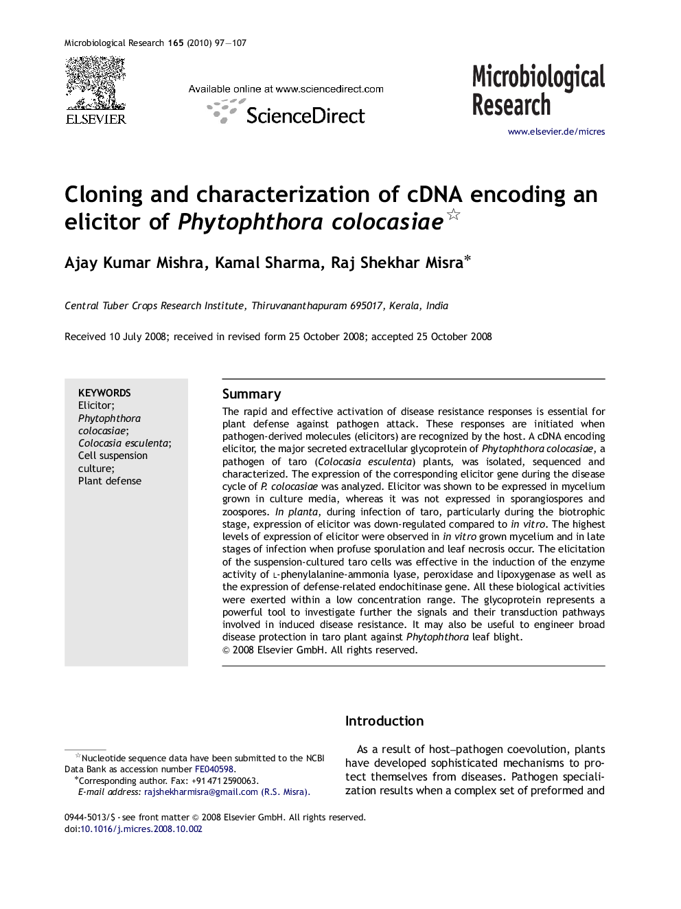 Cloning and characterization of cDNA encoding an elicitor of Phytophthora colocasiae 