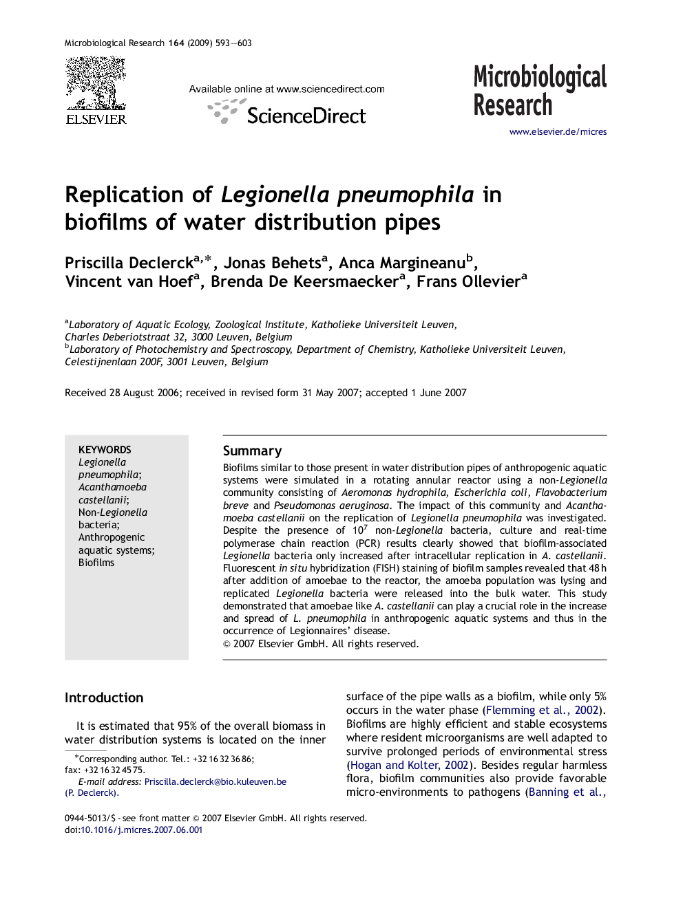 Replication of Legionella pneumophila in biofilms of water distribution pipes