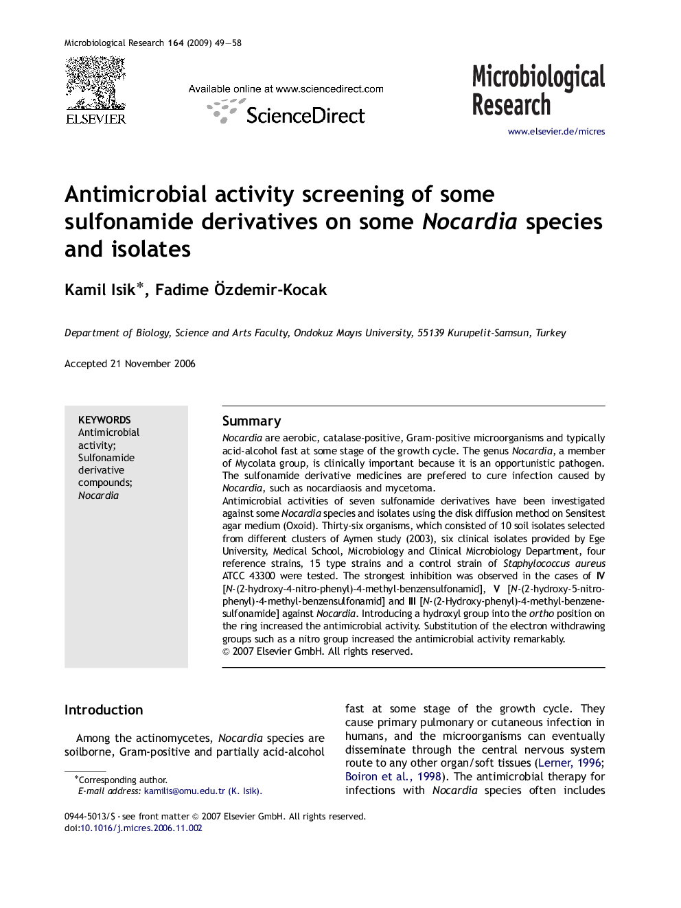 Antimicrobial activity screening of some sulfonamide derivatives on some Nocardia species and isolates