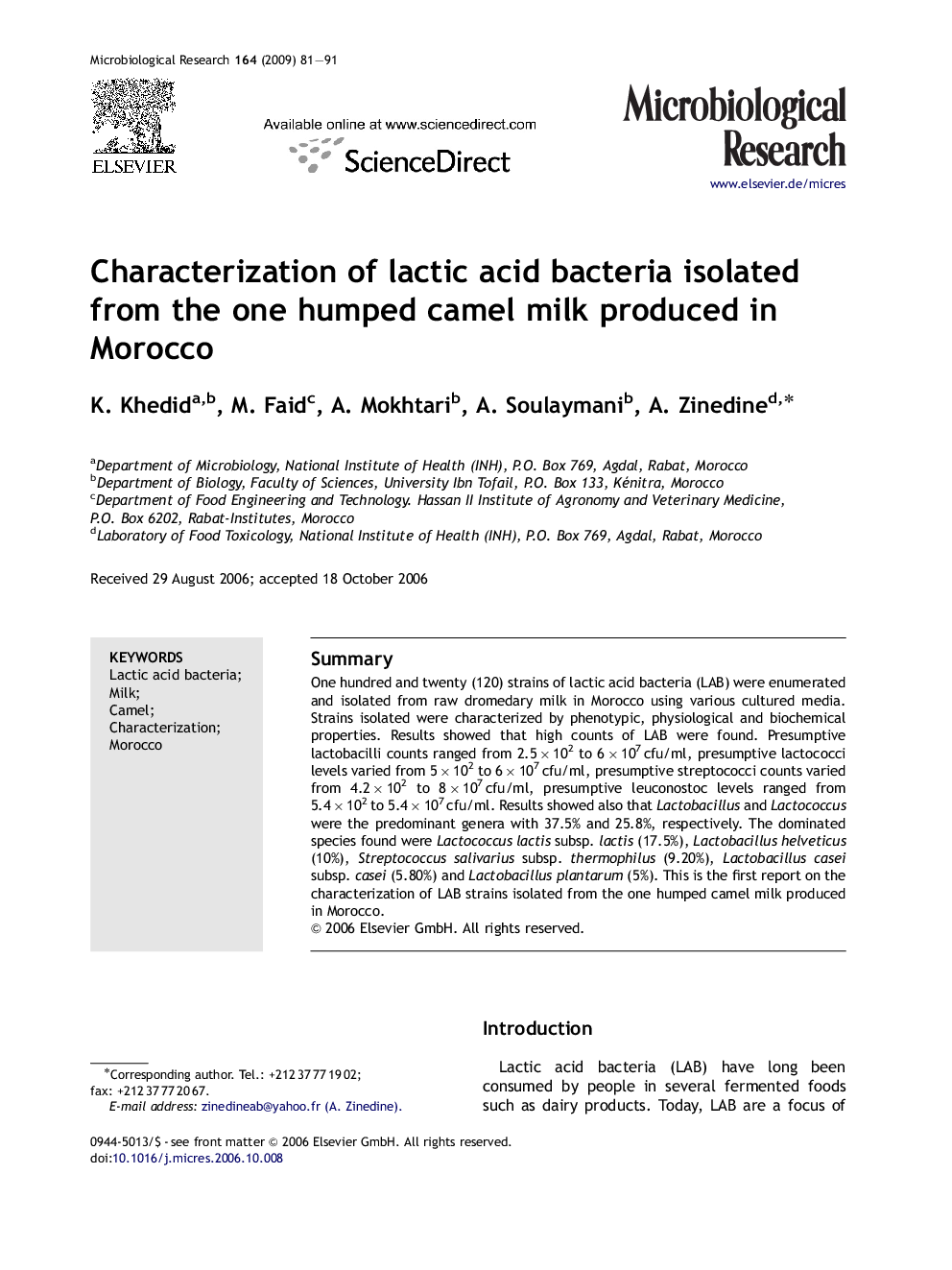 Characterization of lactic acid bacteria isolated from the one humped camel milk produced in Morocco