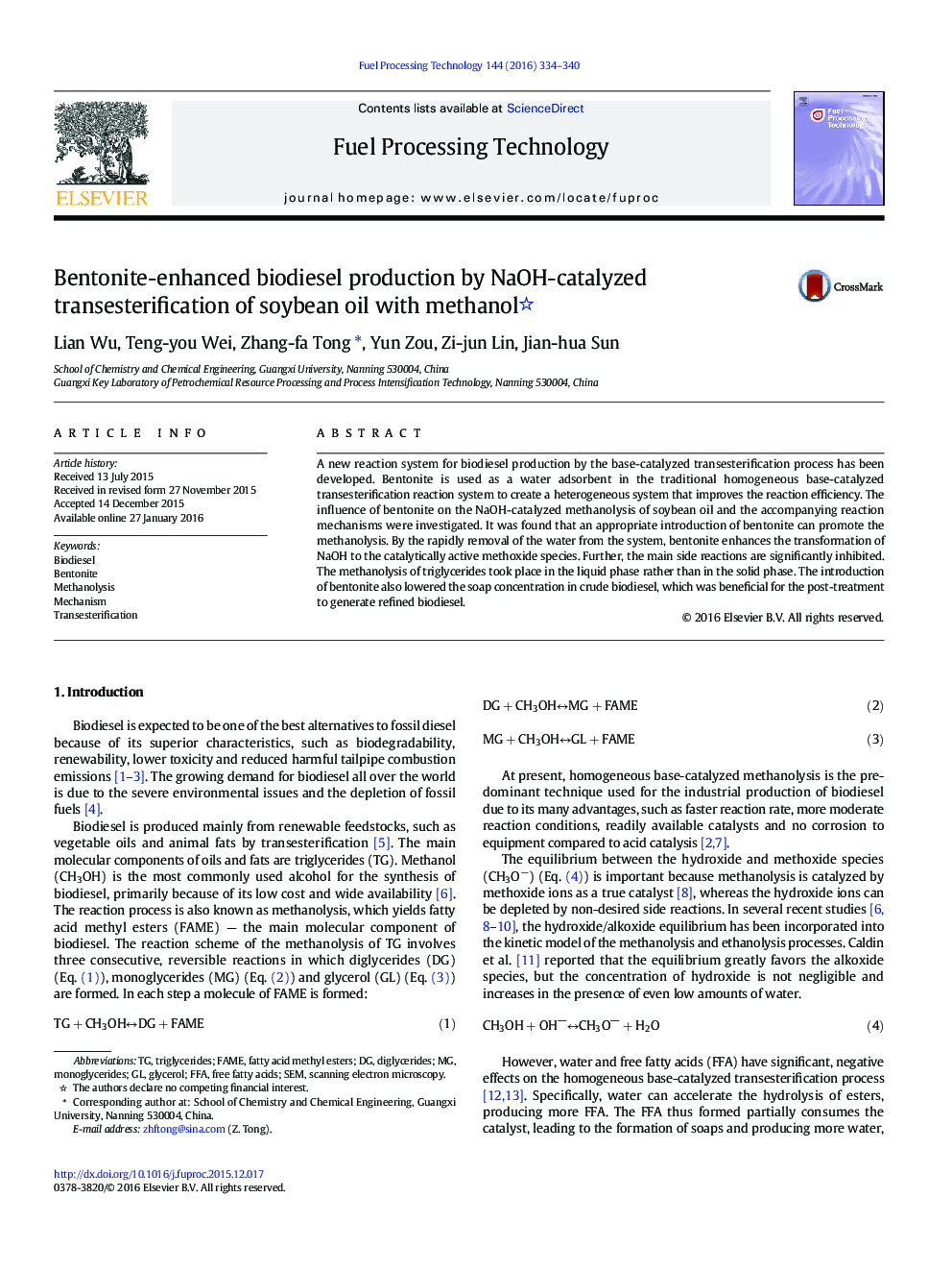 Bentonite-enhanced biodiesel production by NaOH-catalyzed transesterification of soybean oil with methanol 