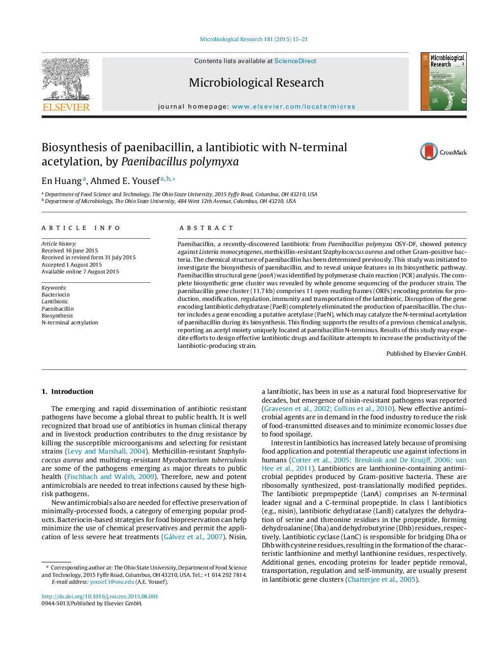 Biosynthesis of paenibacillin, a lantibiotic with N-terminal acetylation, by Paenibacillus polymyxa