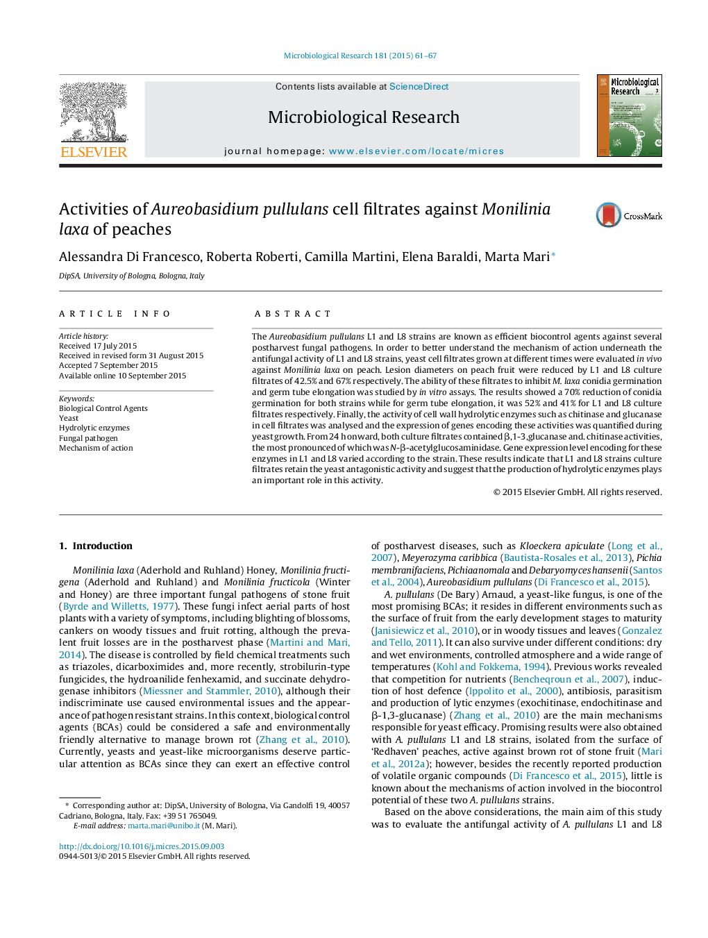 Activities of Aureobasidium pullulans cell filtrates against Monilinia laxa of peaches