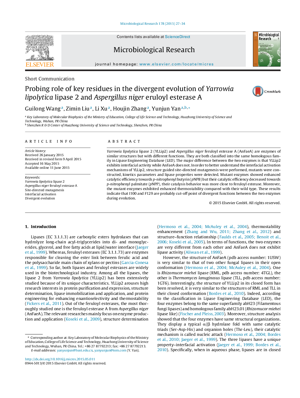 Probing role of key residues in the divergent evolution of Yarrowia lipolytica lipase 2 and Aspergillus niger eruloyl esterase A