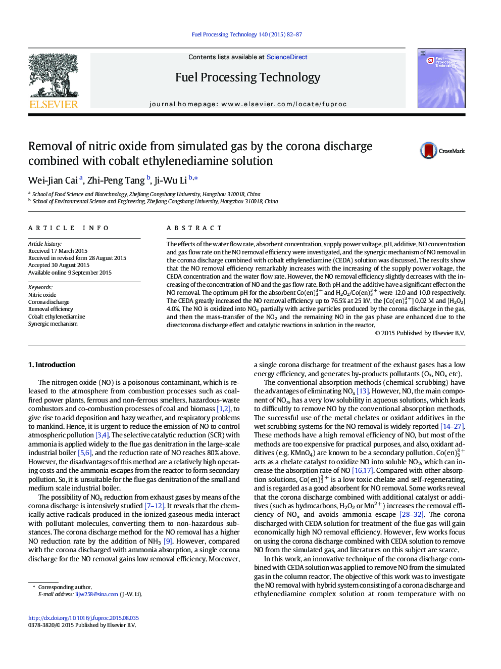 Removal of nitric oxide from simulated gas by the corona discharge combined with cobalt ethylenediamine solution