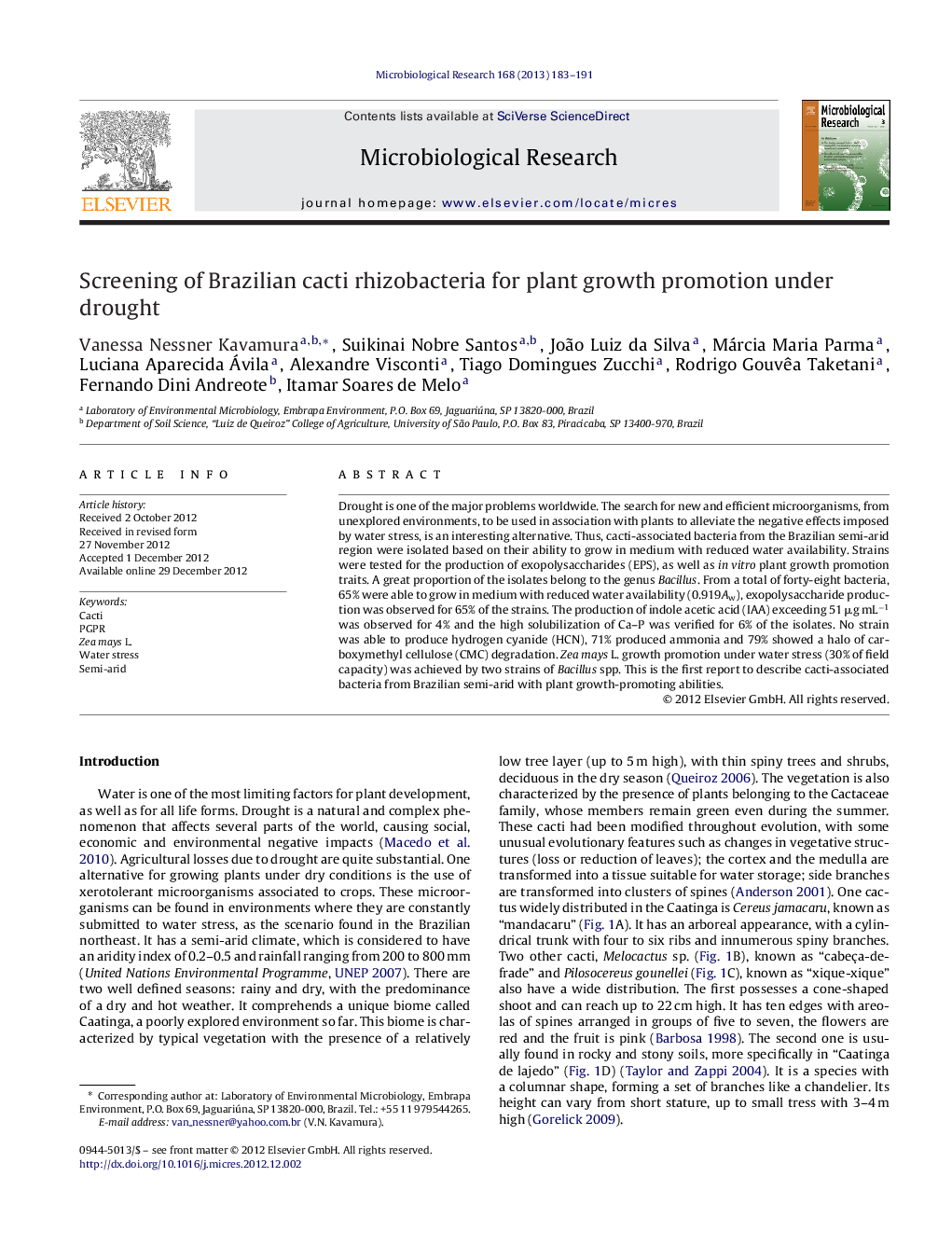 Screening of Brazilian cacti rhizobacteria for plant growth promotion under drought