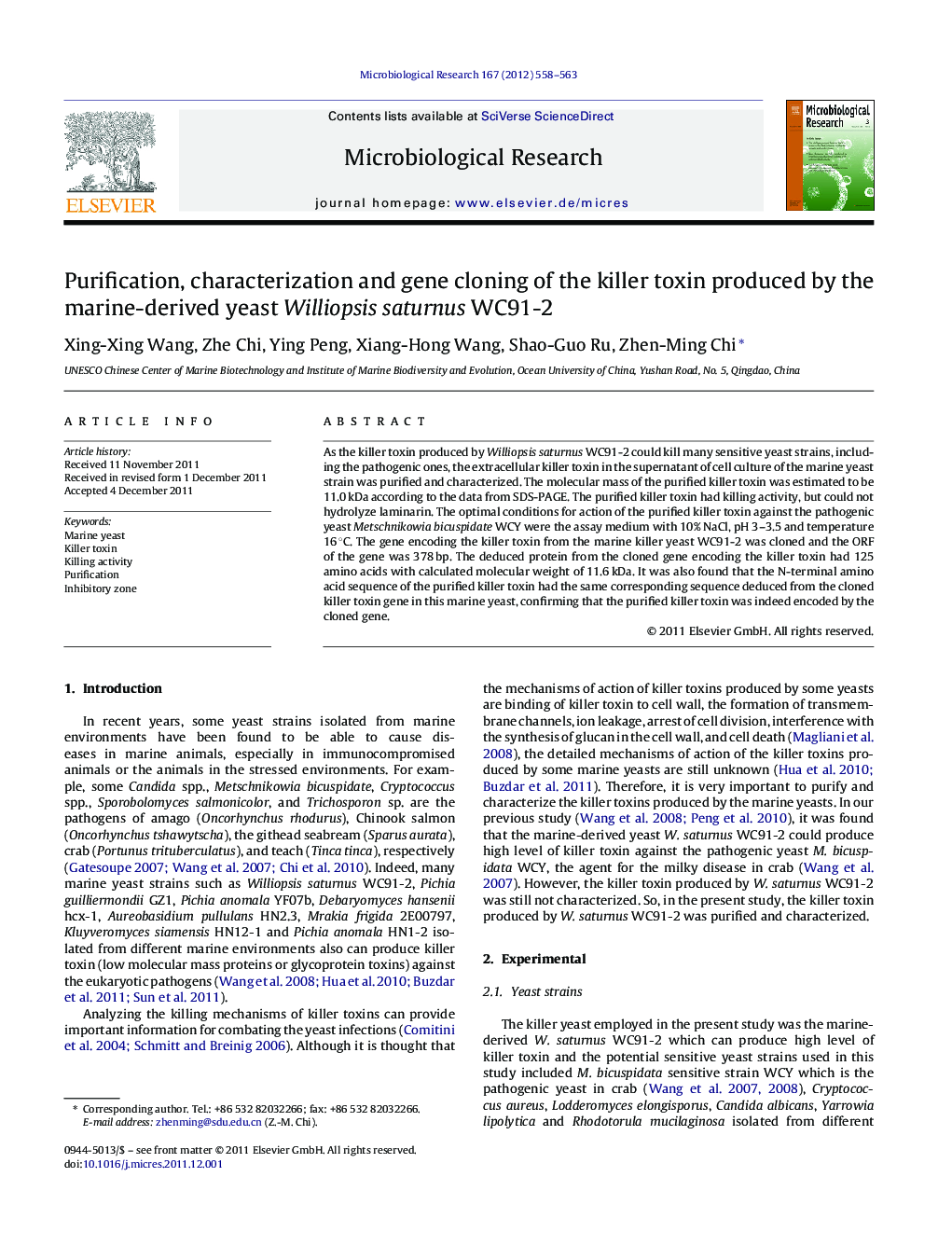 Purification, characterization and gene cloning of the killer toxin produced by the marine-derived yeast Williopsis saturnus WC91-2