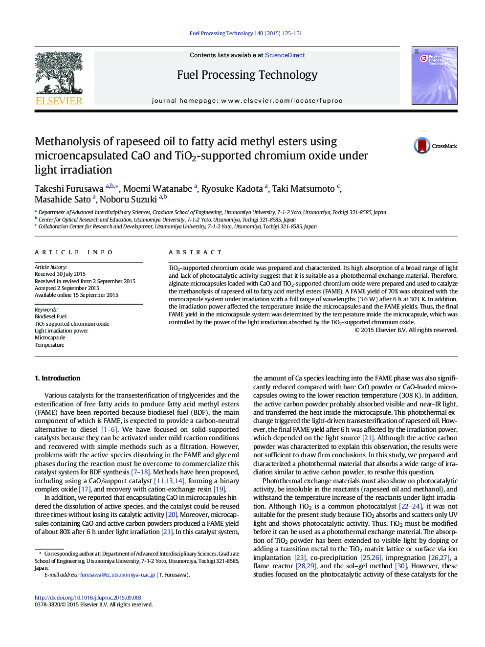 Methanolysis of rapeseed oil to fatty acid methyl esters using microencapsulated CaO and TiO2-supported chromium oxide under light irradiation