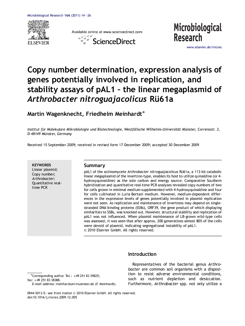 Copy number determination, expression analysis of genes potentially involved in replication, and stability assays of pAL1 – the linear megaplasmid of Arthrobacter nitroguajacolicus Rü61a