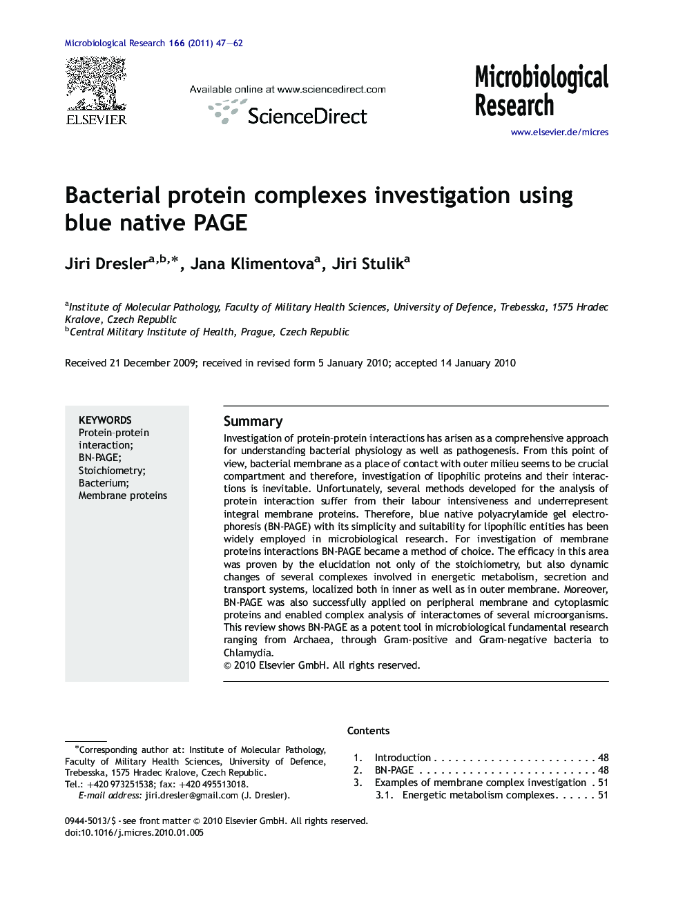 Bacterial protein complexes investigation using blue native PAGE