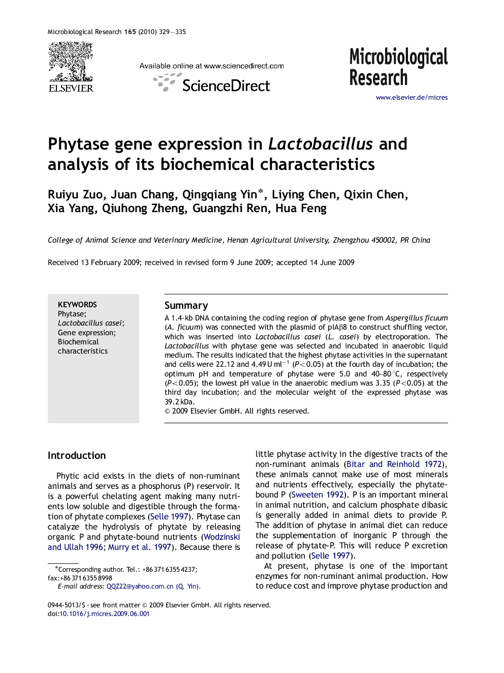 Phytase gene expression in Lactobacillus and analysis of its biochemical characteristics