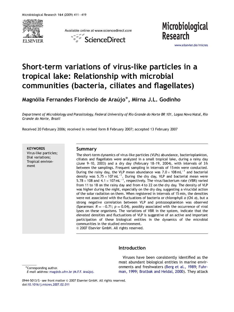 Short-term variations of virus-like particles in a tropical lake: Relationship with microbial communities (bacteria, ciliates and flagellates)