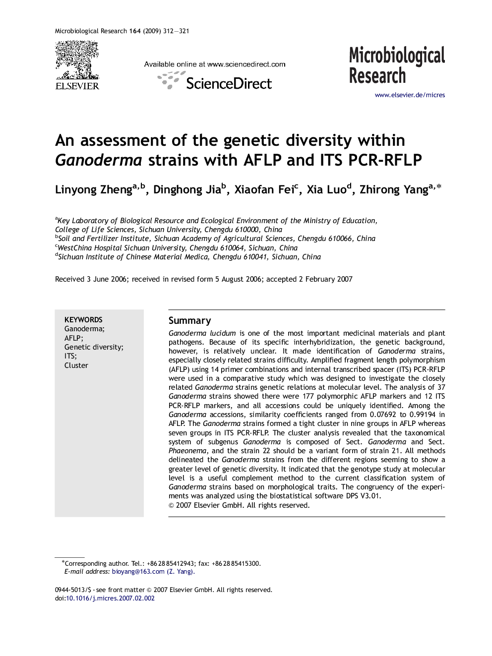 An assessment of the genetic diversity within Ganoderma strains with AFLP and ITS PCR-RFLP