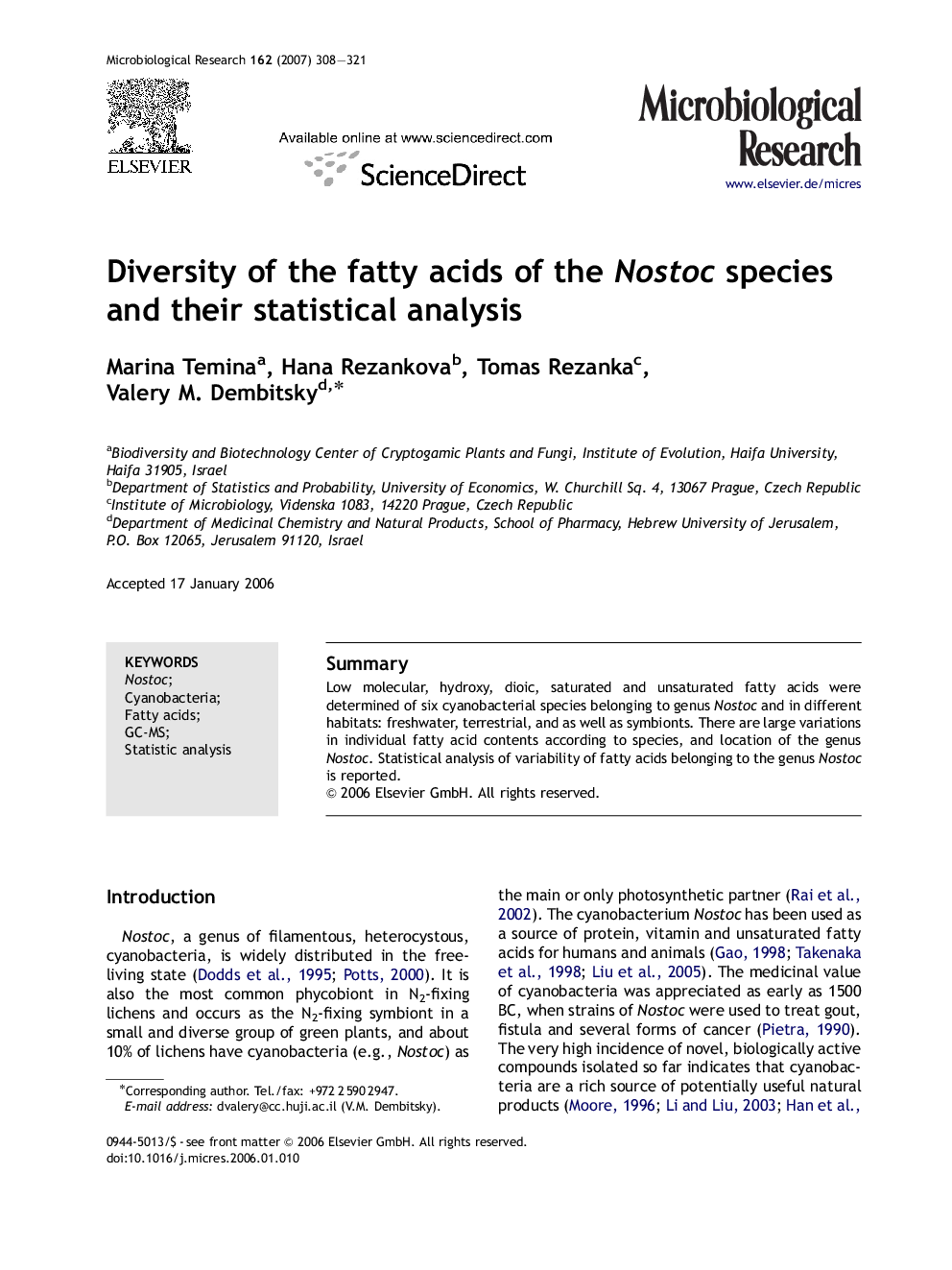 Diversity of the fatty acids of the Nostoc species and their statistical analysis