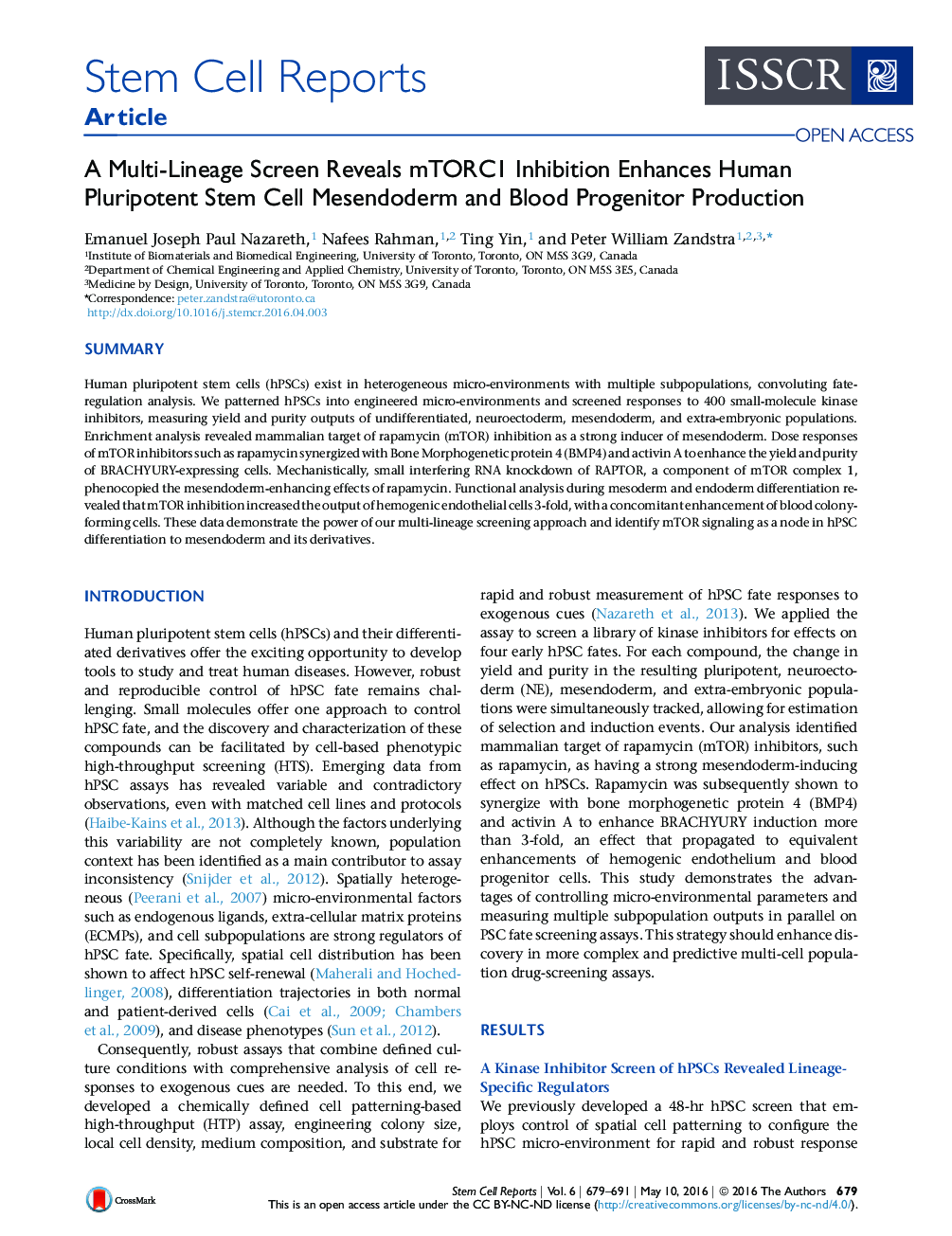 A Multi-Lineage Screen Reveals mTORC1 Inhibition Enhances Human Pluripotent Stem Cell Mesendoderm and Blood Progenitor Production