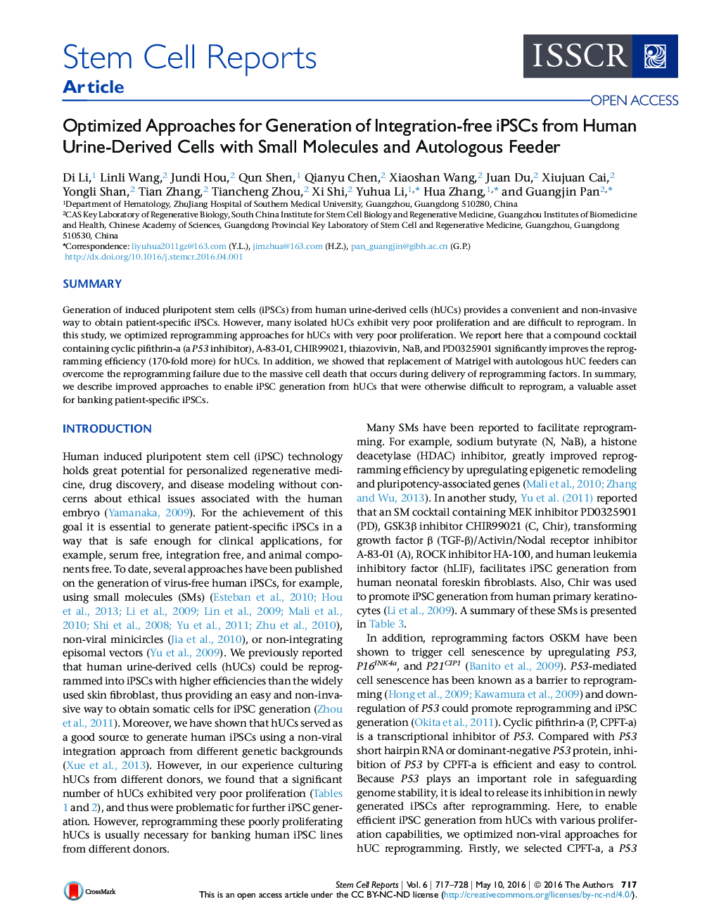 Optimized Approaches for Generation of Integration-free iPSCs from Human Urine-Derived Cells with Small Molecules and Autologous Feeder