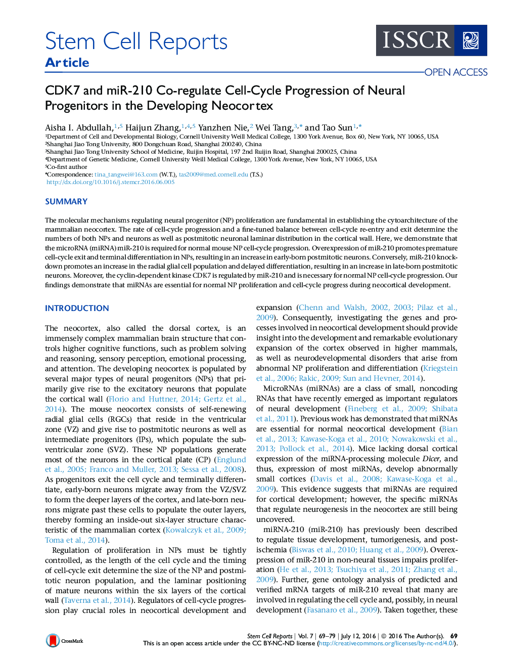 CDK7 and miR-210 Co-regulate Cell-Cycle Progression of Neural Progenitors in the Developing Neocortex