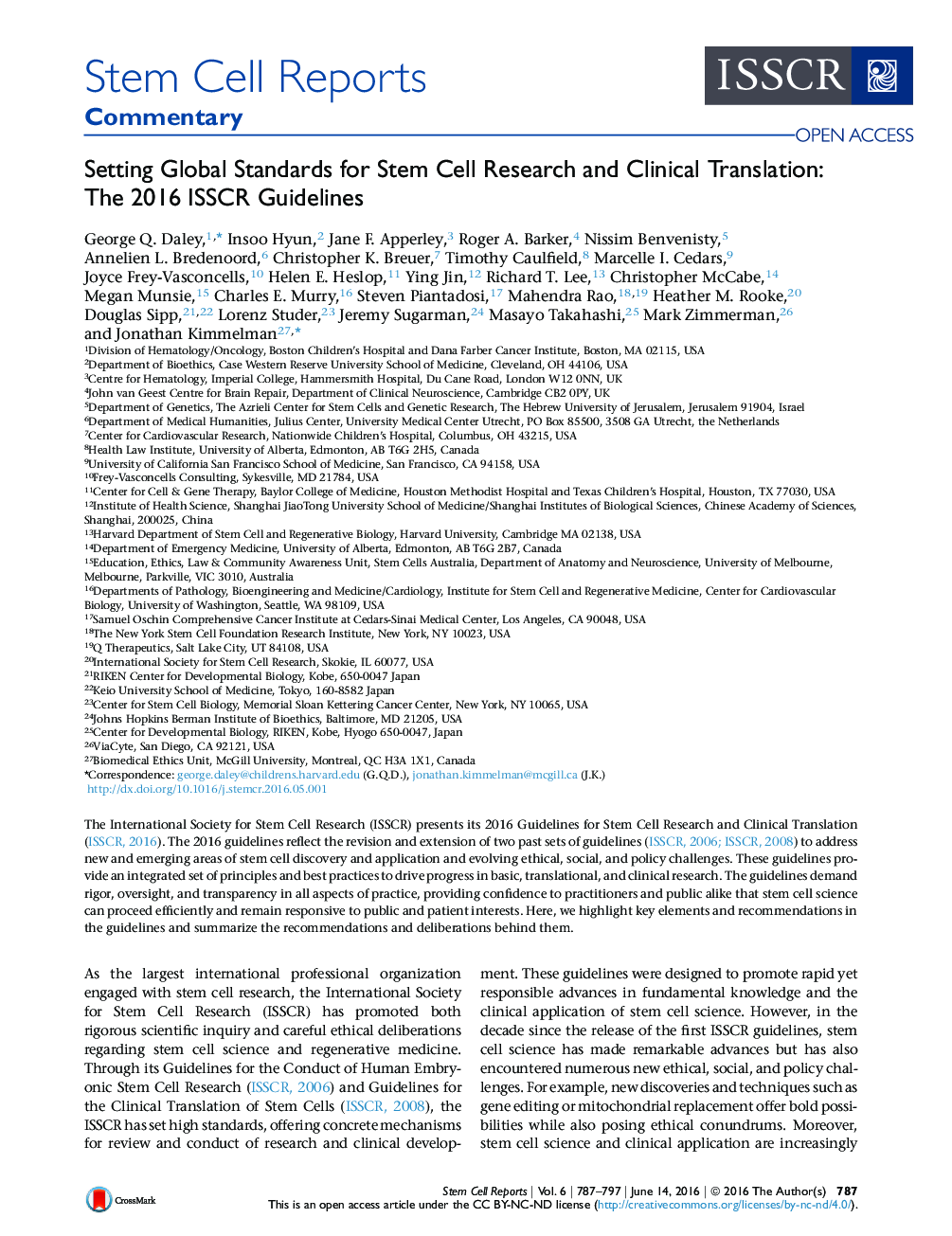 Setting Global Standards for Stem Cell Research and Clinical Translation: The 2016 ISSCR Guidelines