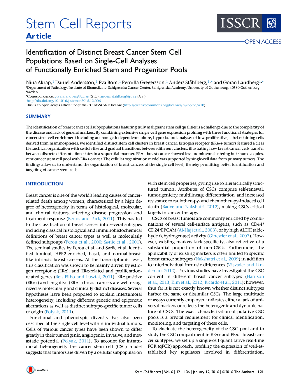 Identification of Distinct Breast Cancer Stem Cell Populations Based on Single-Cell Analyses of Functionally Enriched Stem and Progenitor Pools 