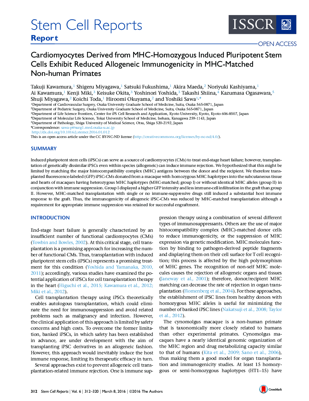 Cardiomyocytes Derived from MHC-Homozygous Induced Pluripotent Stem Cells Exhibit Reduced Allogeneic Immunogenicity in MHC-Matched Non-human Primates 