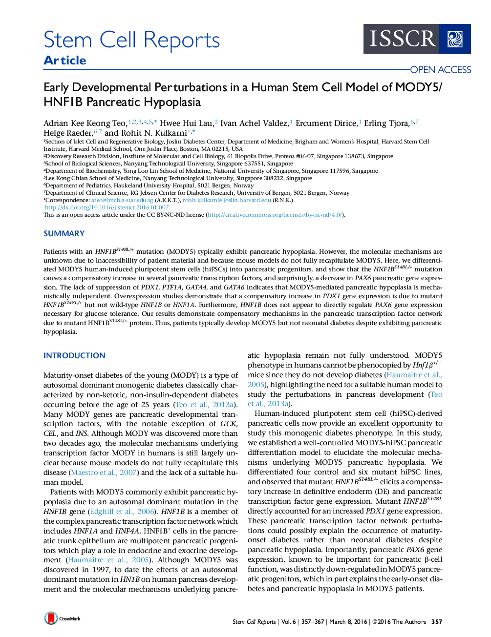 Early Developmental Perturbations in a Human Stem Cell Model of MODY5/HNF1B Pancreatic Hypoplasia 