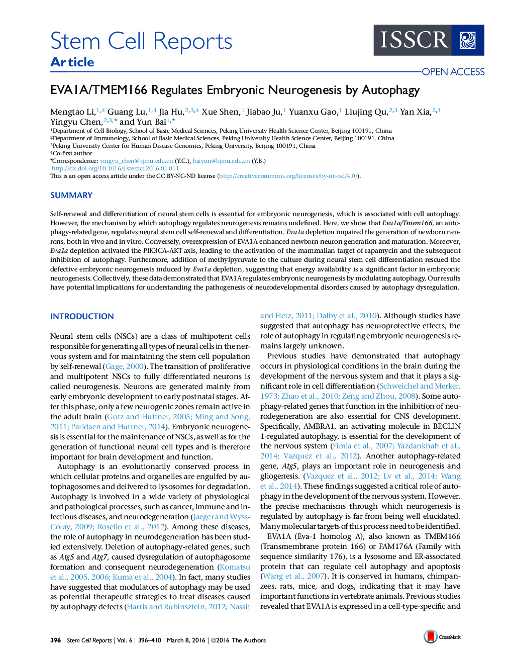 EVA1A/TMEM166 Regulates Embryonic Neurogenesis by Autophagy 