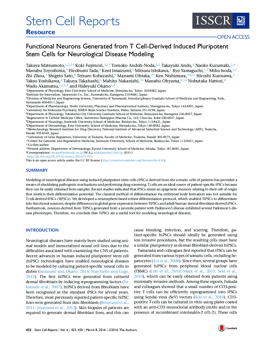 Functional Neurons Generated from T Cell-Derived Induced Pluripotent Stem Cells for Neurological Disease Modeling 