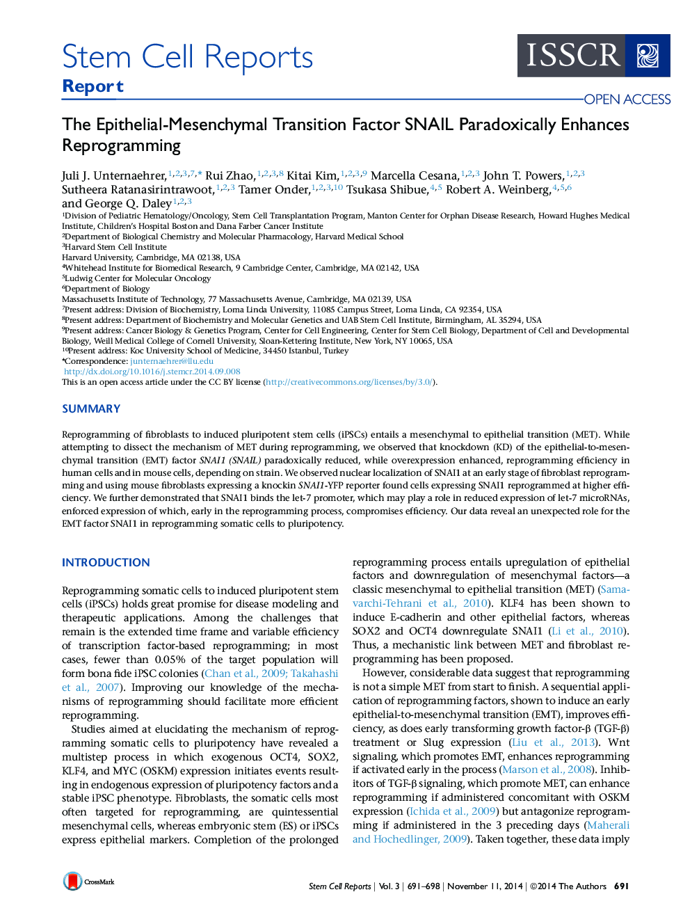 The Epithelial-Mesenchymal Transition Factor SNAIL Paradoxically Enhances Reprogramming 