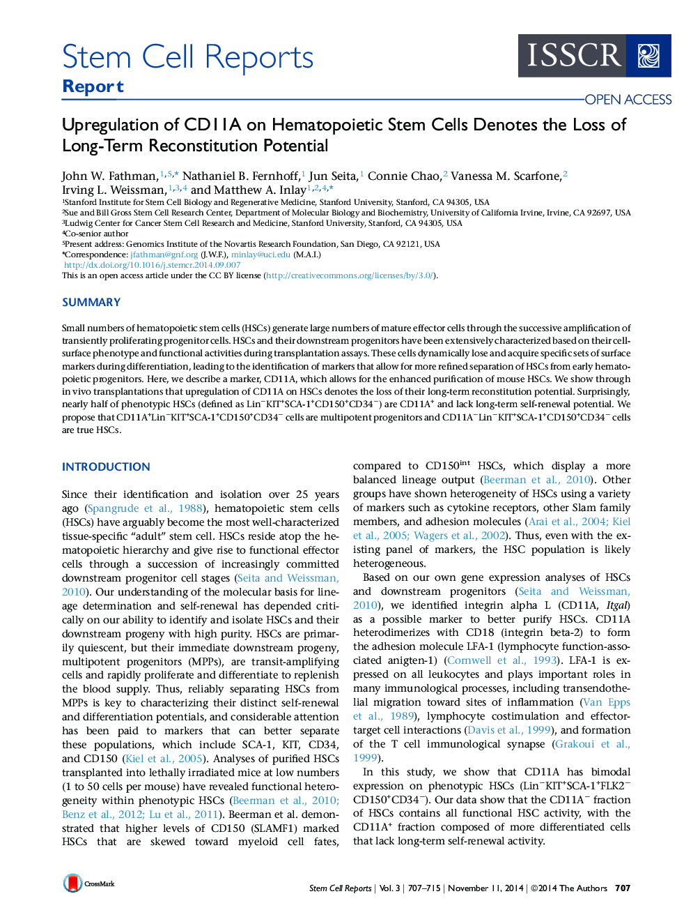 Upregulation of CD11A on Hematopoietic Stem Cells Denotes the Loss of Long-Term Reconstitution Potential 
