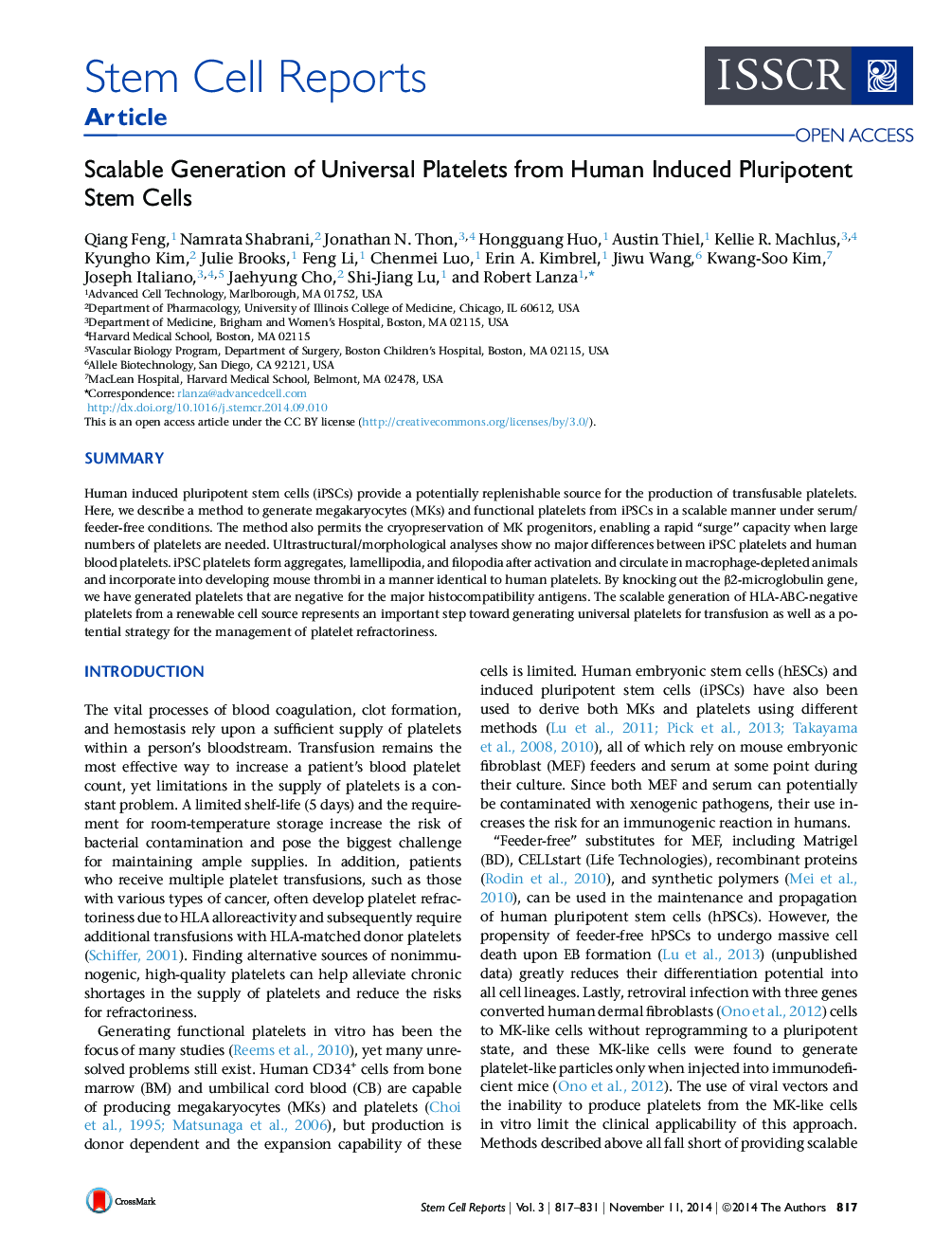 Scalable Generation of Universal Platelets from Human Induced Pluripotent Stem Cells 