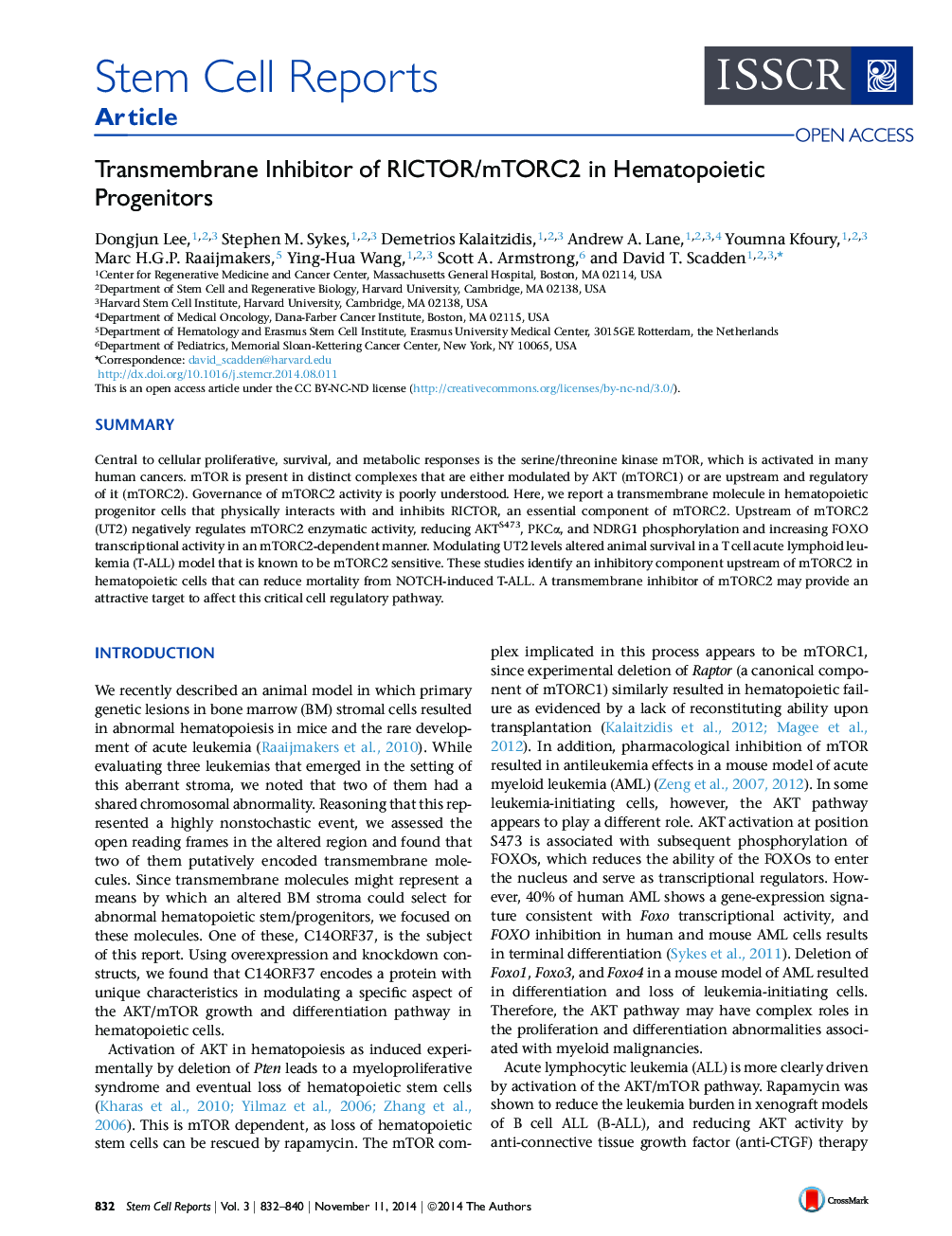 Transmembrane Inhibitor of RICTOR/mTORC2 in Hematopoietic Progenitors 
