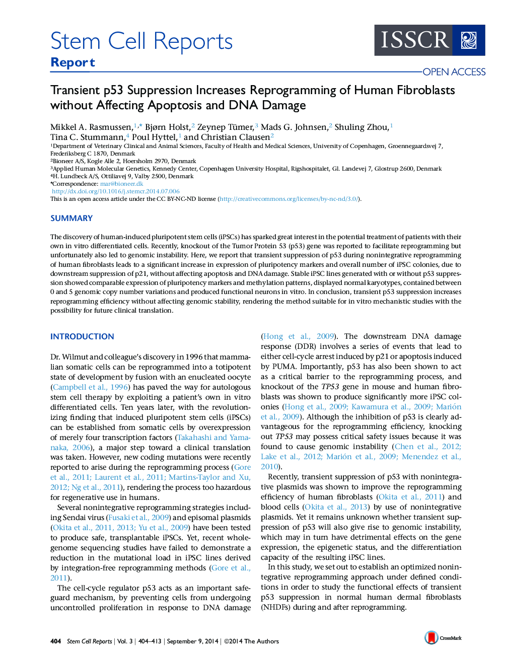 Transient p53 Suppression Increases Reprogramming of Human Fibroblasts without Affecting Apoptosis and DNA Damage 