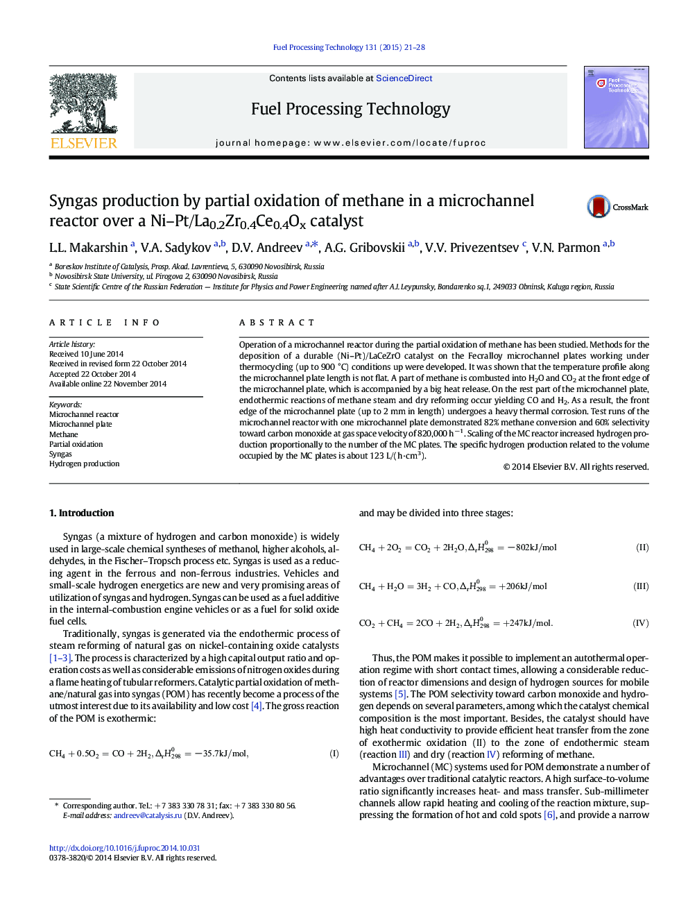 Syngas production by partial oxidation of methane in a microchannel reactor over a Ni–Pt/La0.2Zr0.4Ce0.4Ox catalyst