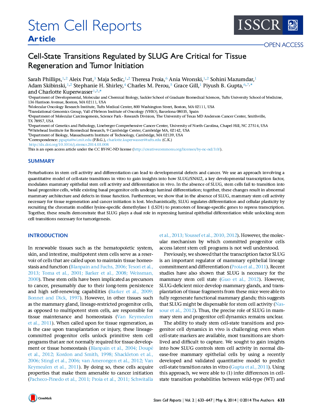 Cell-State Transitions Regulated by SLUG Are Critical for Tissue Regeneration and Tumor Initiation 
