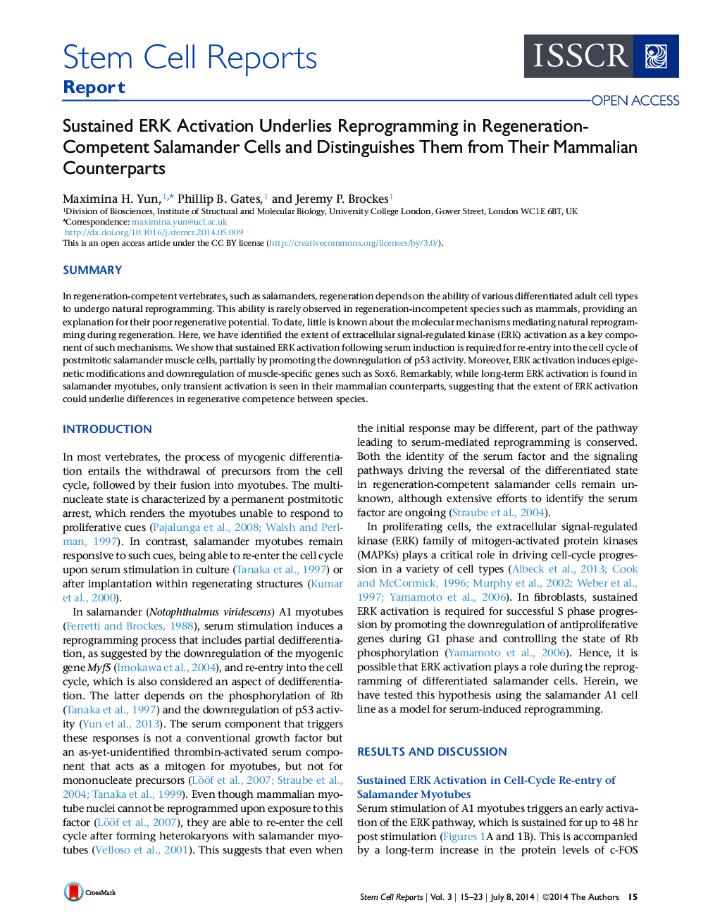 Sustained ERK Activation Underlies Reprogramming in Regeneration-Competent Salamander Cells and Distinguishes Them from Their Mammalian Counterparts 