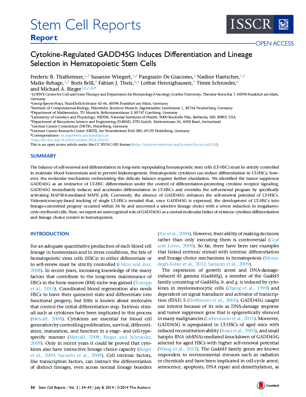 Cytokine-Regulated GADD45G Induces Differentiation and Lineage Selection in Hematopoietic Stem Cells 
