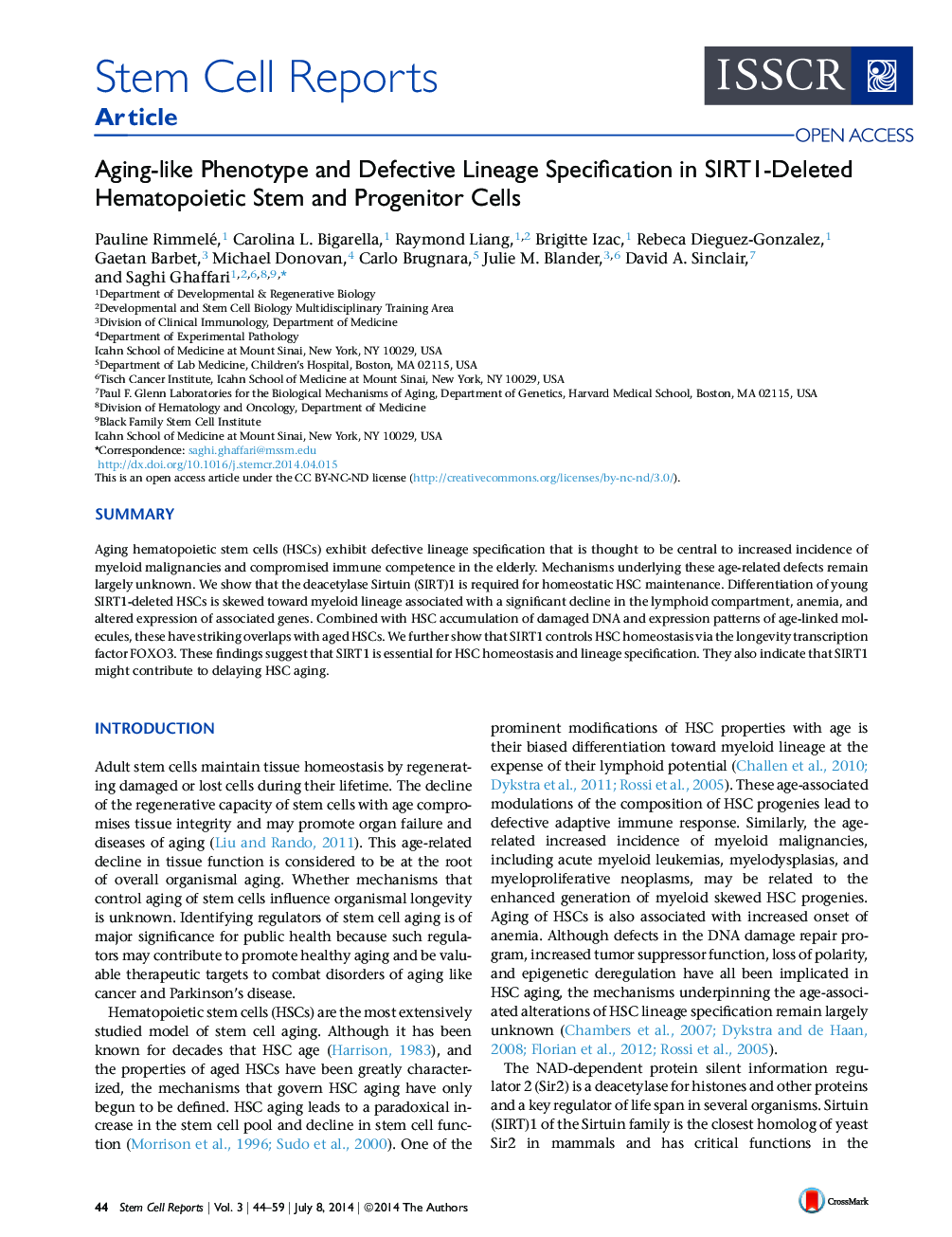 Aging-like Phenotype and Defective Lineage Specification in SIRT1-Deleted Hematopoietic Stem and Progenitor Cells 