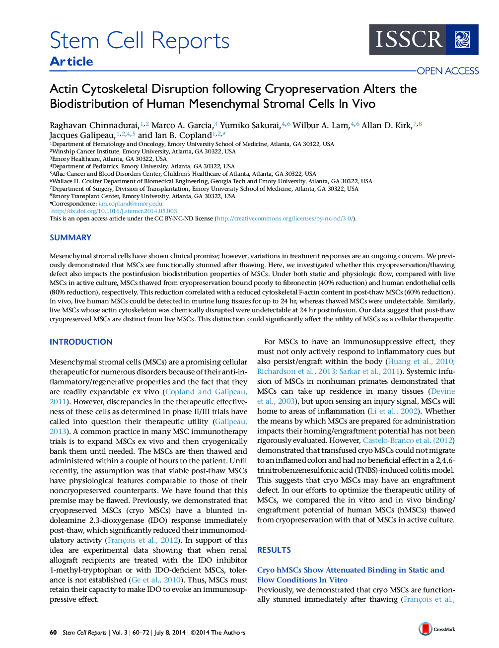 Actin Cytoskeletal Disruption following Cryopreservation Alters the Biodistribution of Human Mesenchymal Stromal Cells In Vivo 