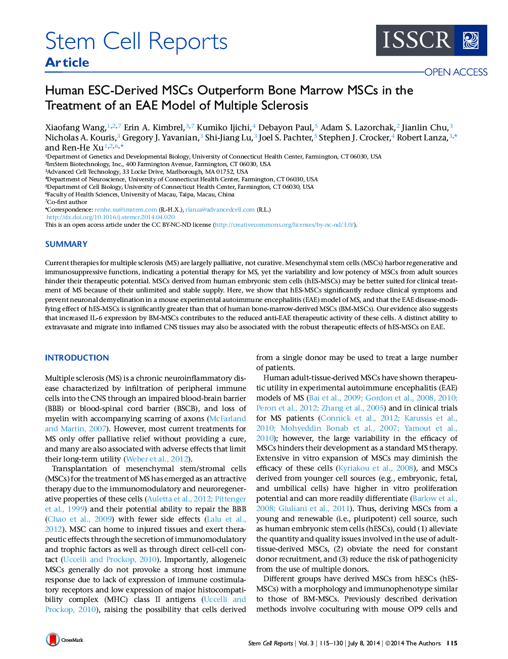 Human ESC-Derived MSCs Outperform Bone Marrow MSCs in the Treatment of an EAE Model of Multiple Sclerosis 
